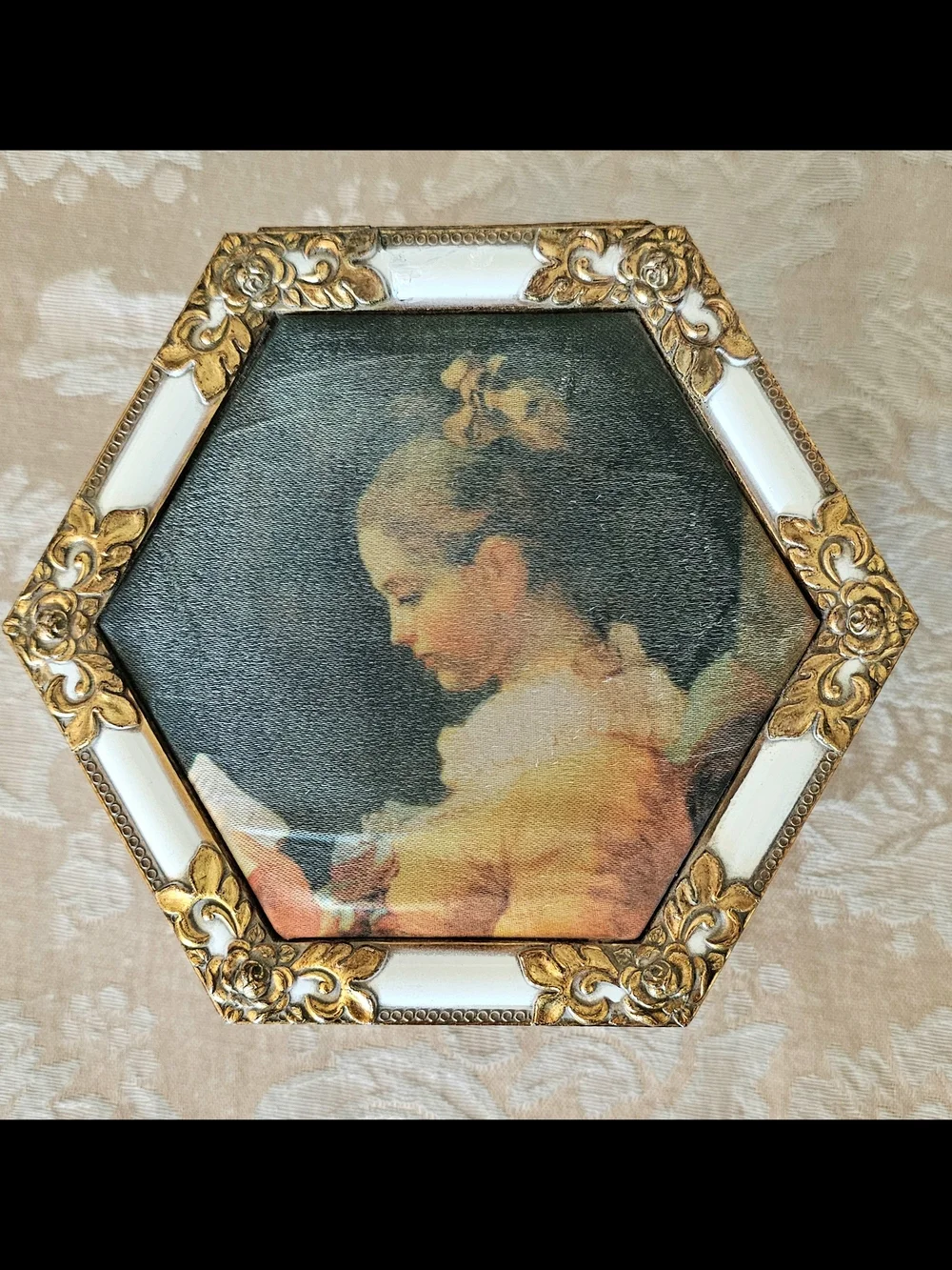 Decorative Hexagon Framed Girl Reading Music Box Trinket Box Red Velvet Lined.